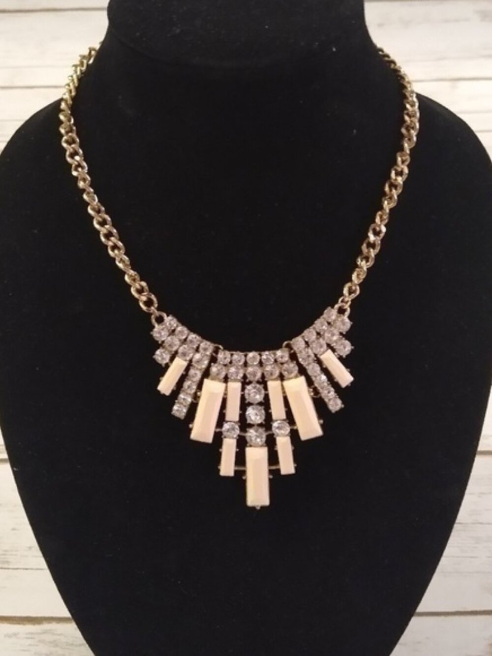 Clear Rhinestones and Peach Faux Gold Chain Statement Necklace